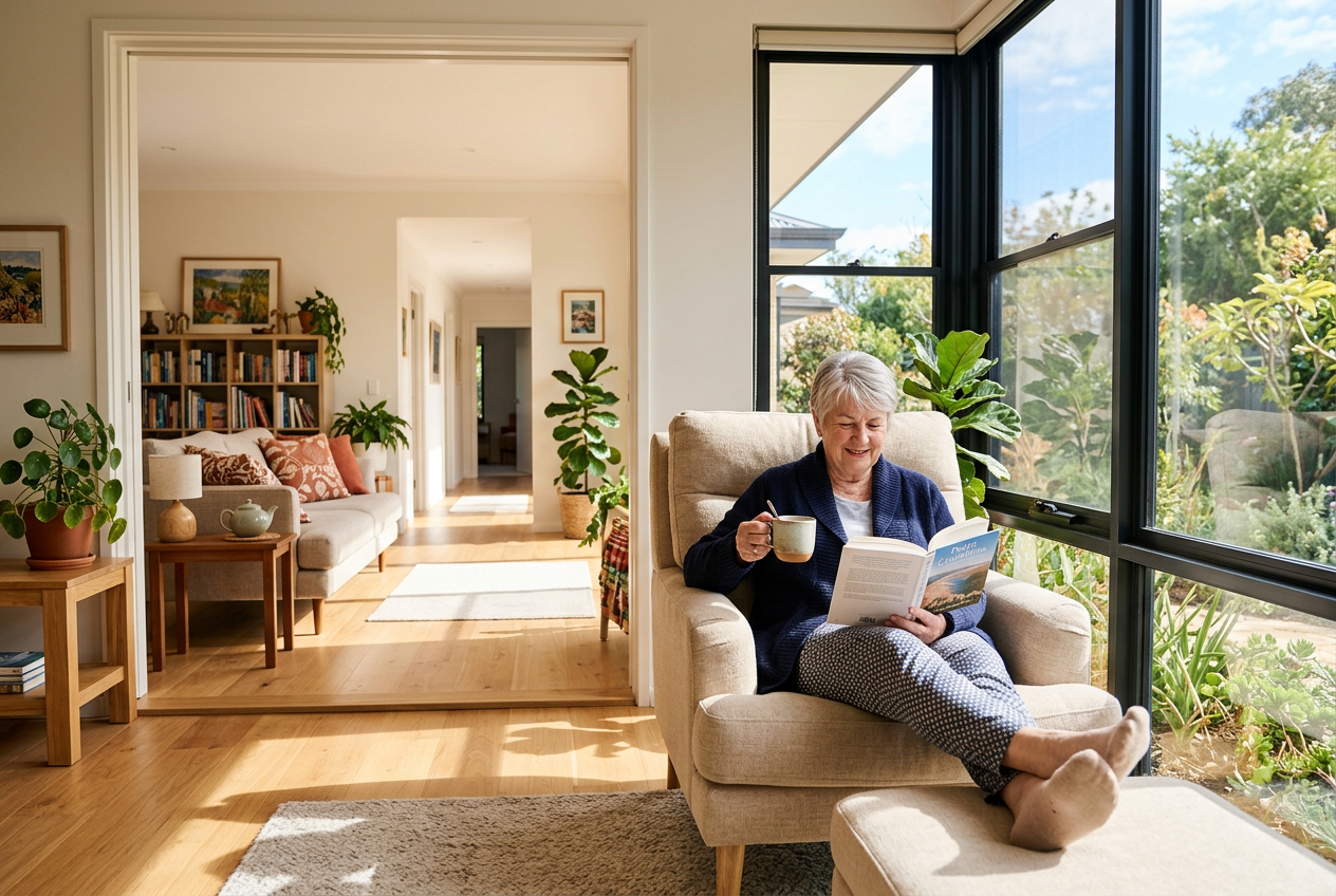 An older adult living independently and comfortably at home beside a sunny window