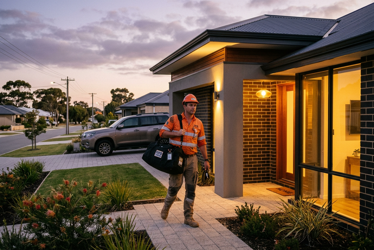 A FIFO worker in hi-vis arriving home at dusk outside a modern Perth house
