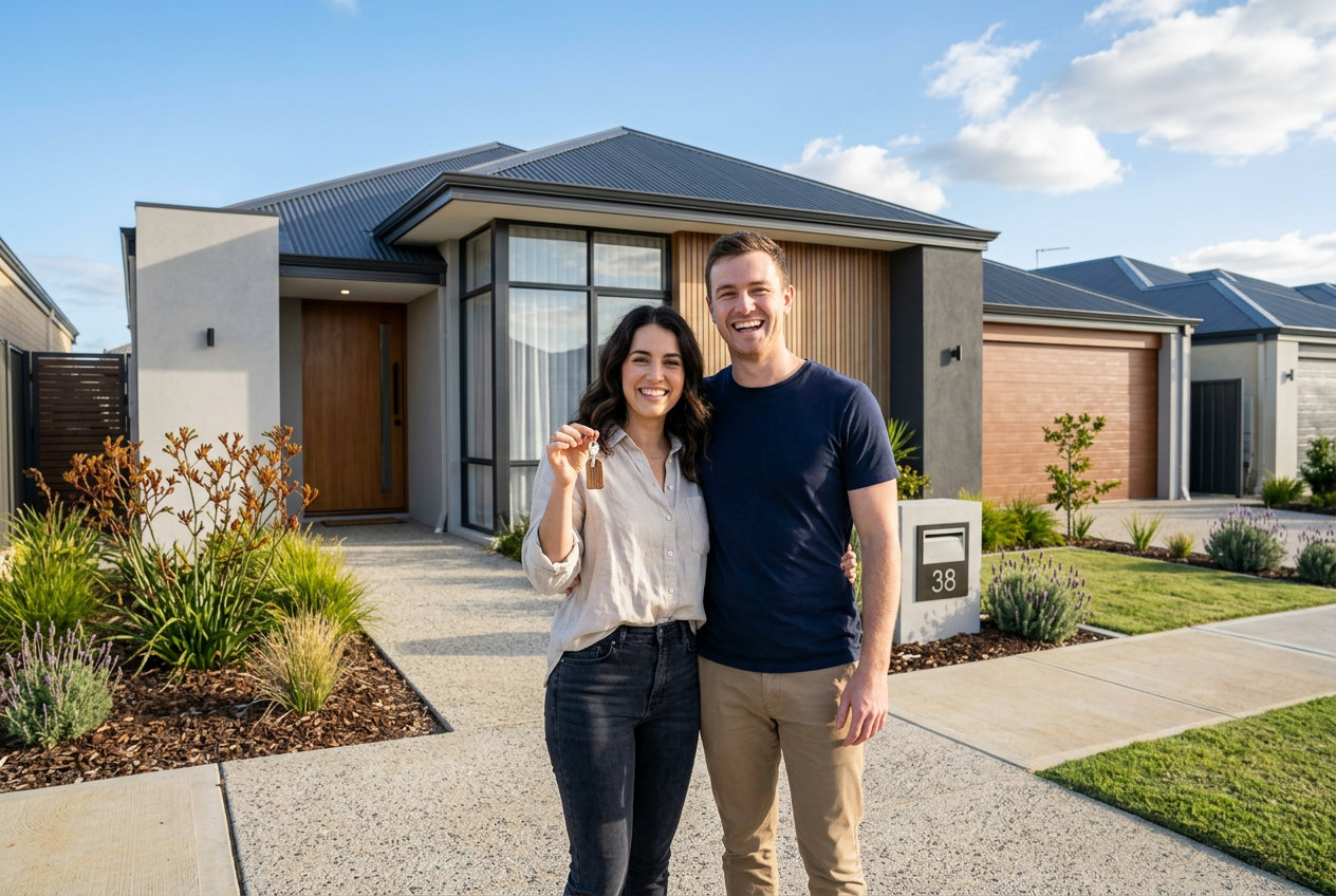 A happy young couple holding keys outside their contemporary Perth home