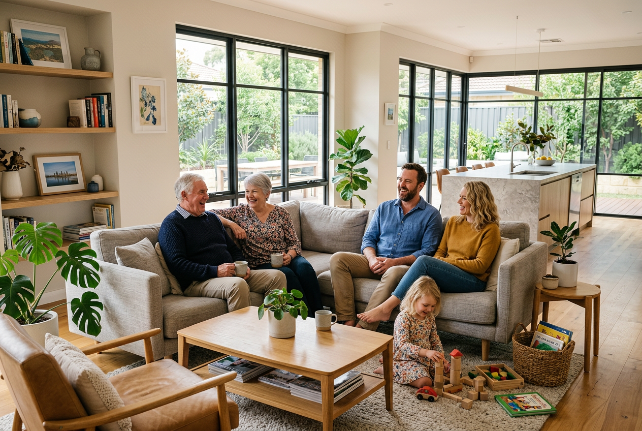Three generations of a family together in a bright, open-plan dual key home living space